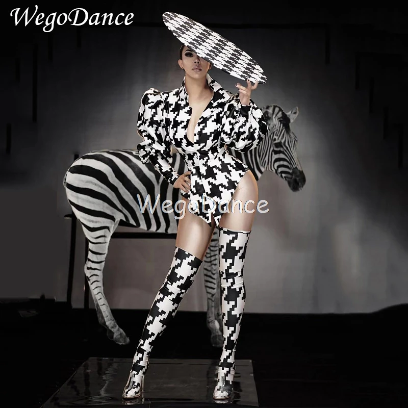 

Sexy Women Houndstooth Flower Bodysuit Sexy Stage Dance Wear Leotard Dance Performance Leotard For Women And Men