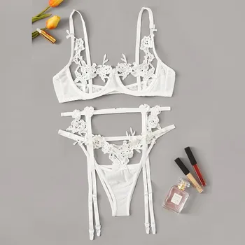 

2PCs Women Lingerie Sets Bra Thongs Flower Hollow Underwear Set кружевные трусики ensemble sous vetement femme הלבשה תחתונה #E