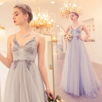 

Light Blue Evening Dresses A-line Tulle Crystal Beaded Appliques Long Formal Party Dresses Evening Gowns Vestido De Festa JK51