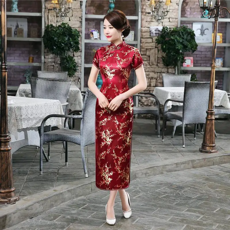 Тонкий Традиционный китайский стиль для женщин Cheongsam Vestidso воротник стойка Винтаж цветок Qipao длинное сексуальное вечернее платье - Цвет: Burgundy