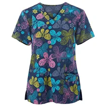 T-Shirt Working-Uniform Nurse-Accessories Printed Cartoon Women's V-Neck Soft Tops Short-Sleeve