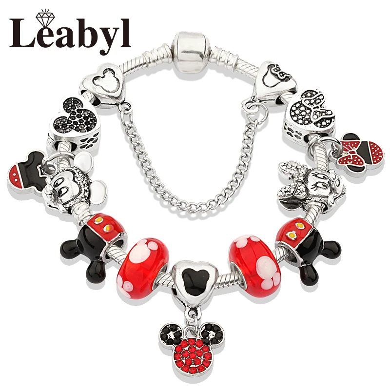 Leabyl, дизайн, Красный Кристалл, Минни, бант, очаровательные браслеты и браслеты, серебро, Мультяшные животные, браслет из бисера, сделай сам, ювелирное изделие для детей - Окраска металла: 898