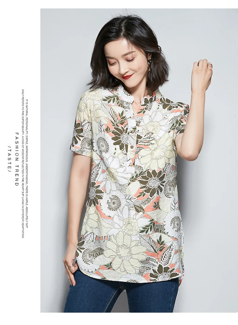 Primavera VerAo Nova feminino de cAnhamo de algodAo de с коротким рукавом плюс размер feminina de mEdio longo da camisa