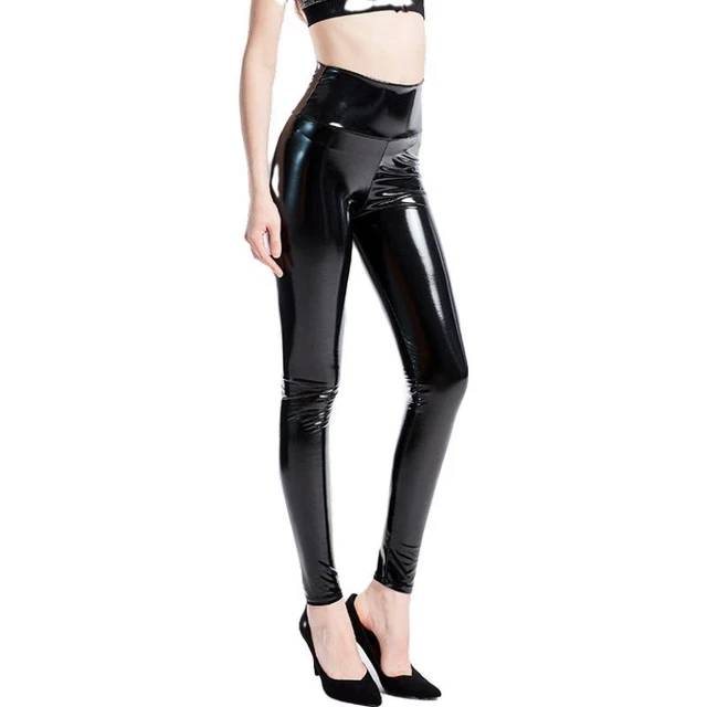 Fashion Women Black Shiny PVC Wet Look High Waist Skinny Leggings Disco  Vinyl Pencil Pants Trousers S-XL