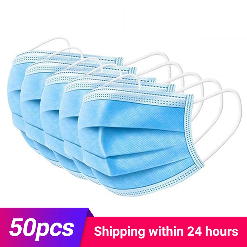 

50pcs Antivirus Mask Disposable 3 Layer Nonwoven Protective Masks Dust Mouth Face Mask N95 Protection Soft Mask