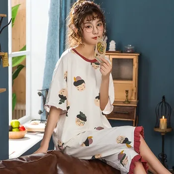 

Summer Pajamas Women's Cotton Short-sleeved Sleepwear Plus Size T-shirt + Cropped Pants Two-piece Set Cute Pyjamas Women M-3XL