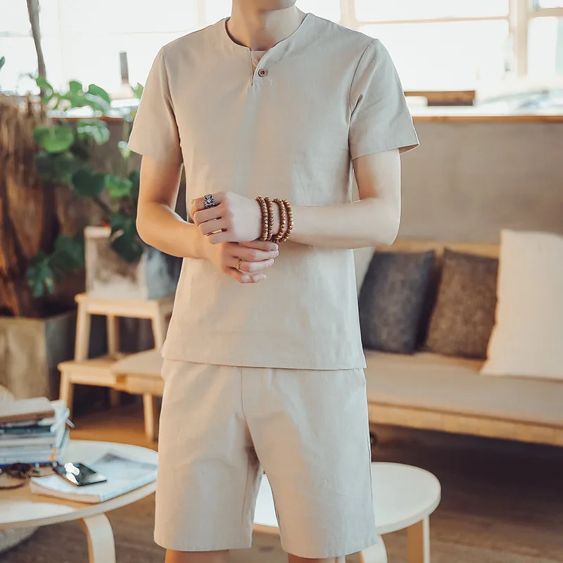 

2019 Cotton Linen Flax Short Sleeve T-shirt Shorts Set Summer Cotton Linen Two-Piece Set Flax Set Large Size Set Men's