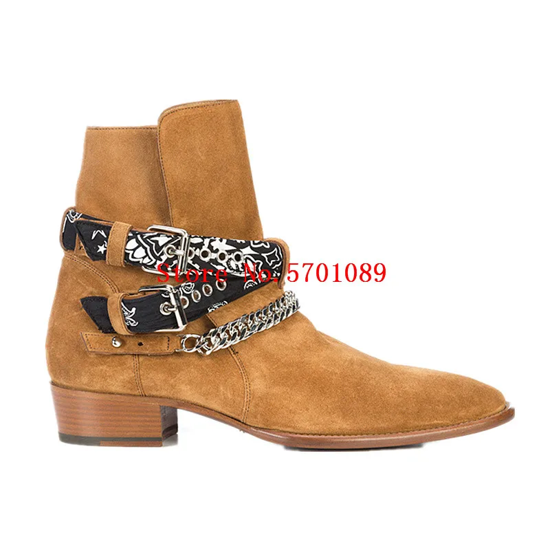 

Western Buckle Ankle Boots Wyatt Harness Cowboy Boots Bandanna Strap Kanye West Chain Shoes Suede Jodhpur Chelsea Boots