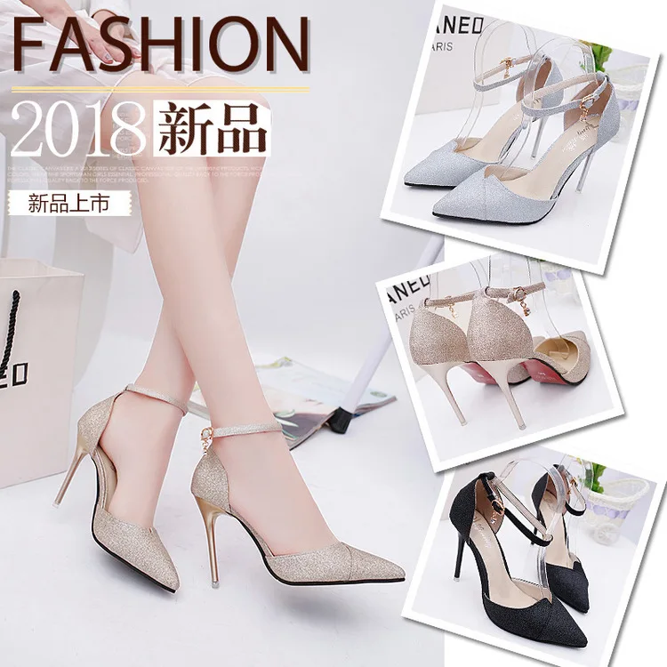 

Spring Summer New Style Dull Polish Sequin WOMEN'S Sandals Straight-line Buckle Pointed-Toe Thin Heeled High Heel Shoes Shallow