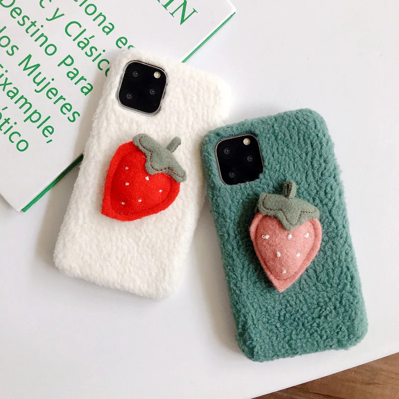 for iPhone 11 Pro Max 7 8 Plus Case Three-dimensional Pattern Plush Fruit Strawberry Warm Cases X XR XS Cover |