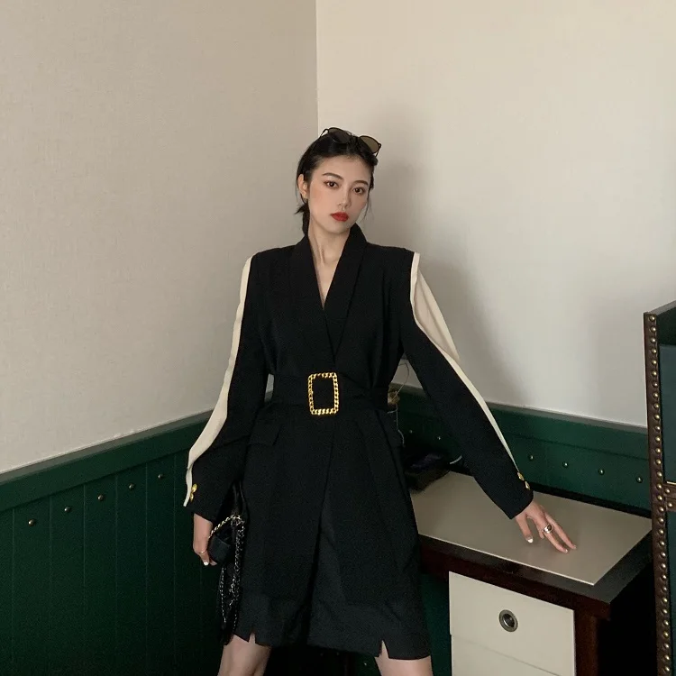 New High Quality Spring Autumn Fashion Blazer Jacket Women Patchwork Belted Style Runway Blazers Coat Ladies Outwear