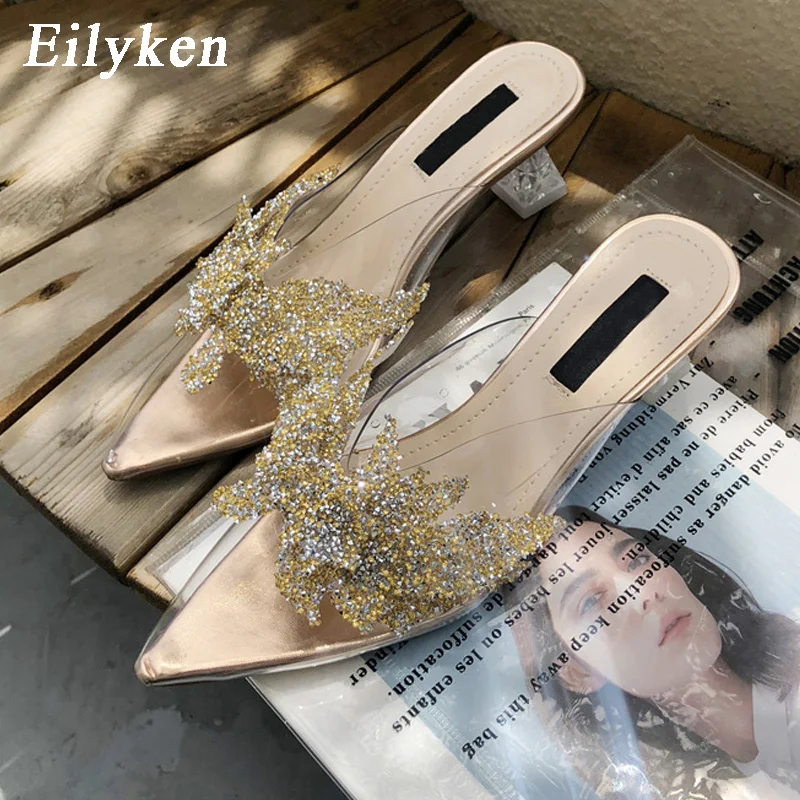 Golden EilyKen золотой Блестящий Стразы бабочка узел прозрачный острый носок туфли-тапочки необычный стиль с украшением в виде кристаллов на высоком каблуке Шлёпанцы - Цвет: Golden