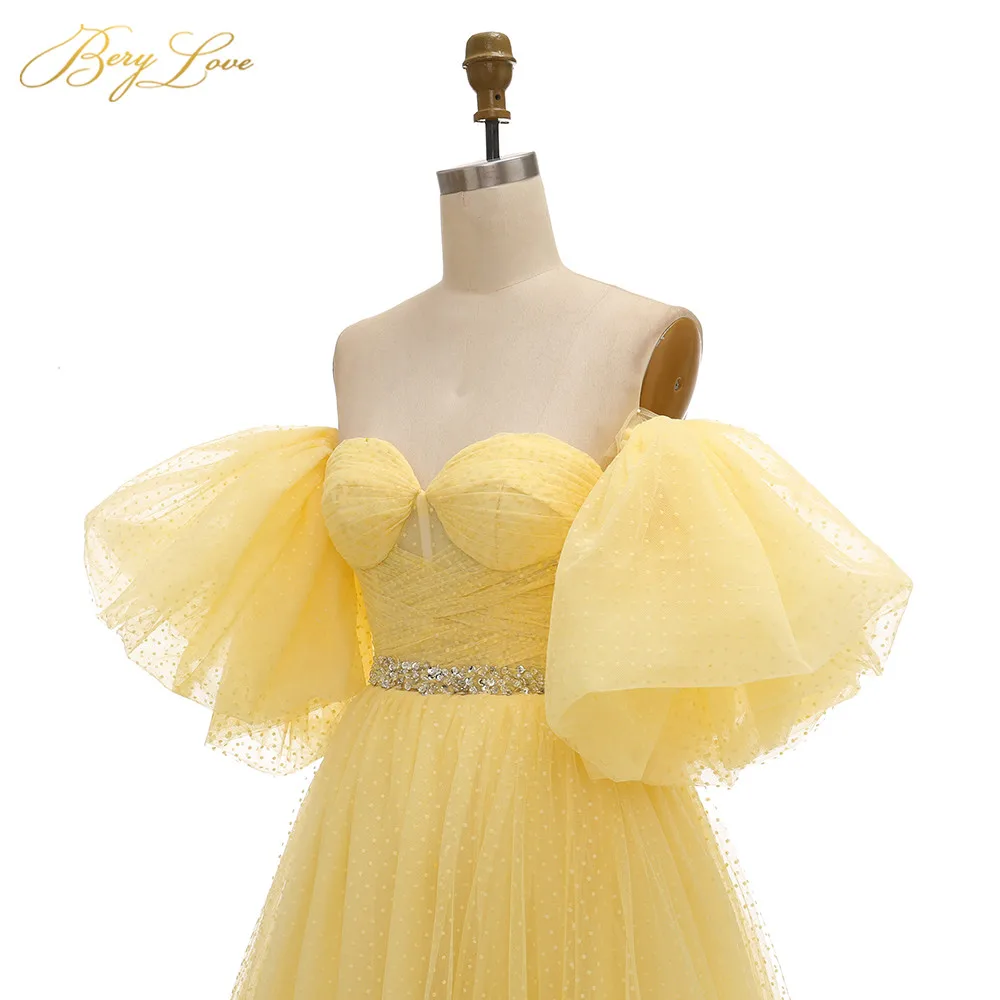 BeryLove, ярко-желтое платье для выпускного вечера,, розовый горошек, тюль, а-силуэт, Длинные вечерние платья, формальные, последние рукава, элегантные платья, Vestido