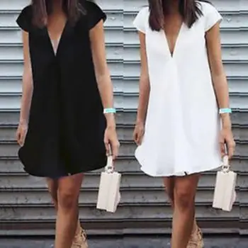 

Solid White Shirt Dress Women Short Sleeve Stand Collar Loose Summer Dress 2020 V-Neck ladies casual vestidos