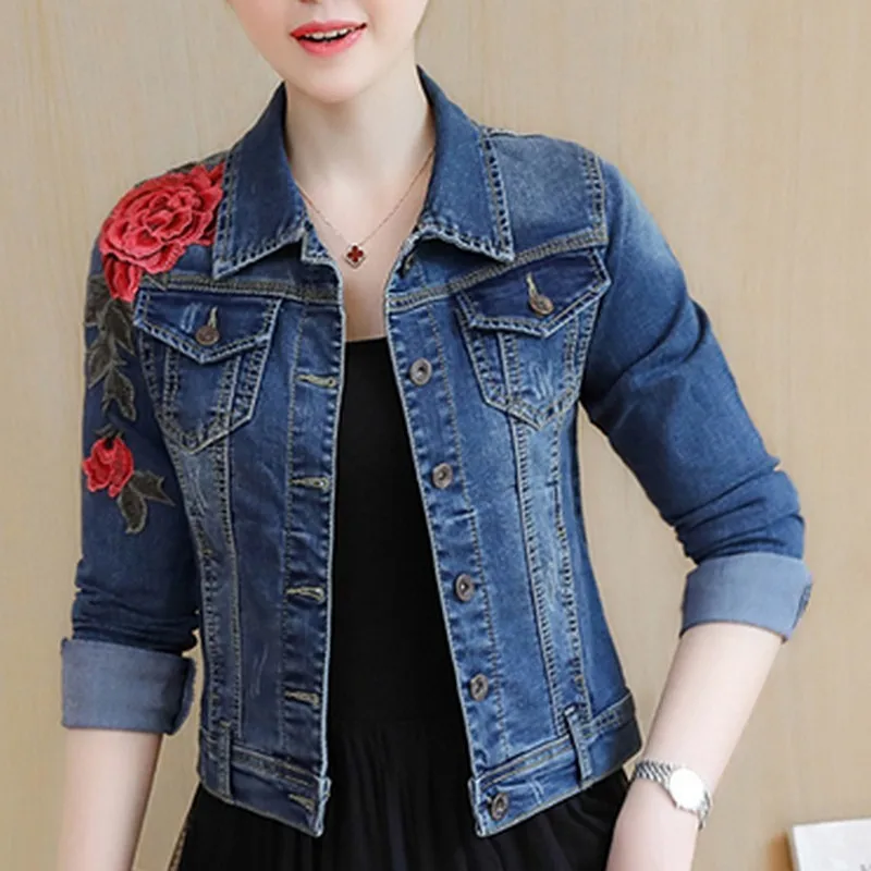 

New Embroidery Floral Short Paragraph Coats Autumn Winter Women Denim Jacket Sleeve Female Jeans Coat Casual Skinny Girls Jacke