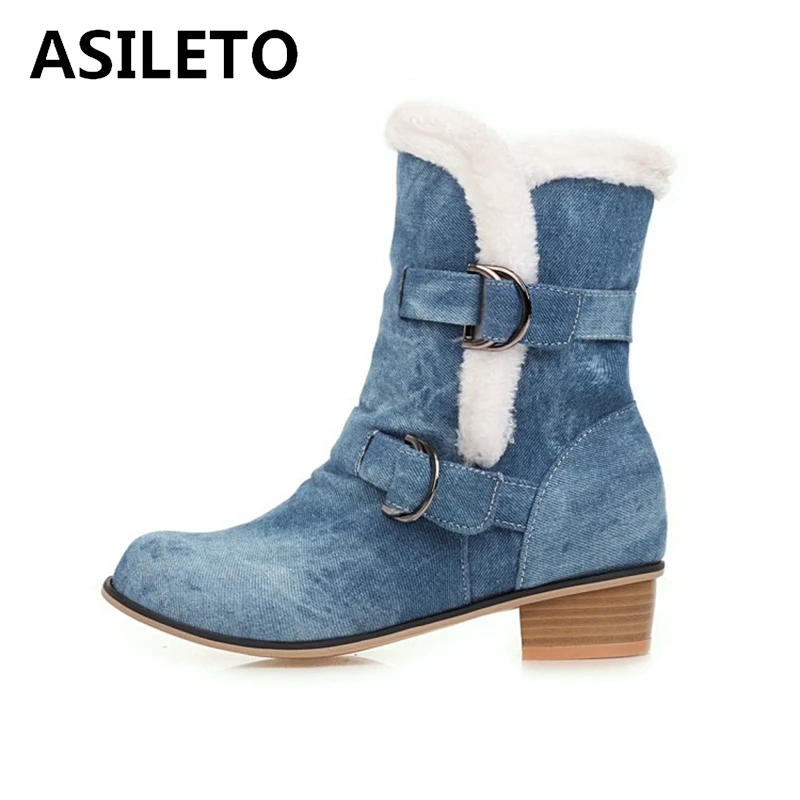 ASILETO Winter Warm Mid-Calf boots Round toe Block Heels Denim Buckle Strap Ethnic Big size 34-48 Black Blue Navy Casual A3165 | Обувь