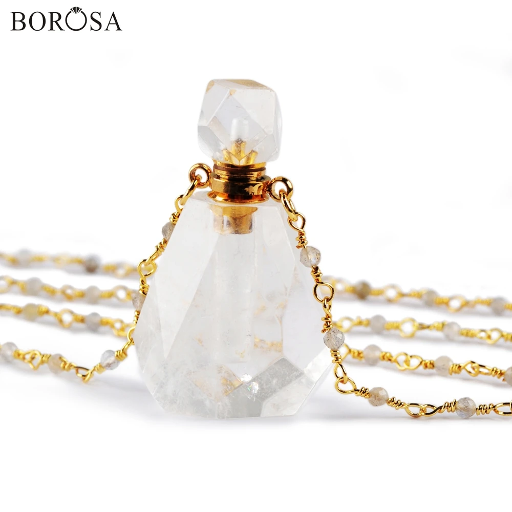 BOROSA Perfume Bottle Natural Multi-Kind Stone White Quartz Amazonite Amethysts 26inch Bead Chains Necklace Jewelry HD0091