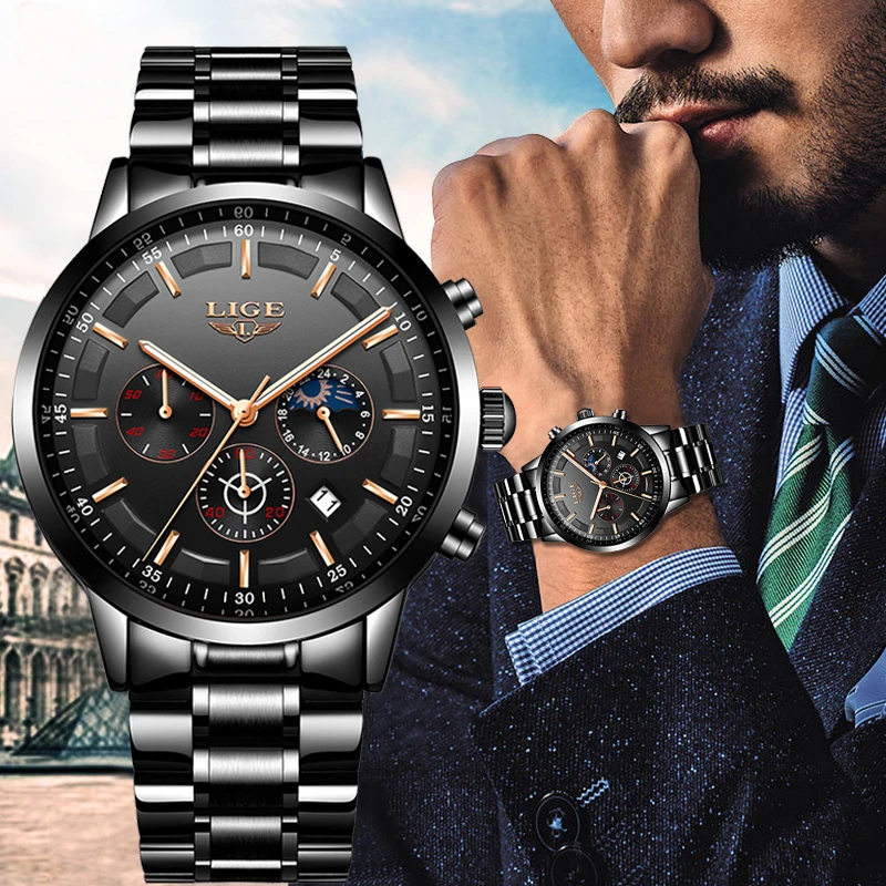 Часы наручные LIGE мужские с большим циферблатом модные брендовые Роскошные