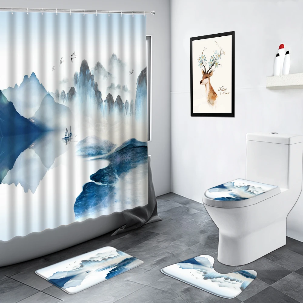 

Chinese Style Landscape Ink Painting Shower Curtain Forest Mountain Water Art Scenery Bathroom Non-slip Rug Toilet Bath Mats Set