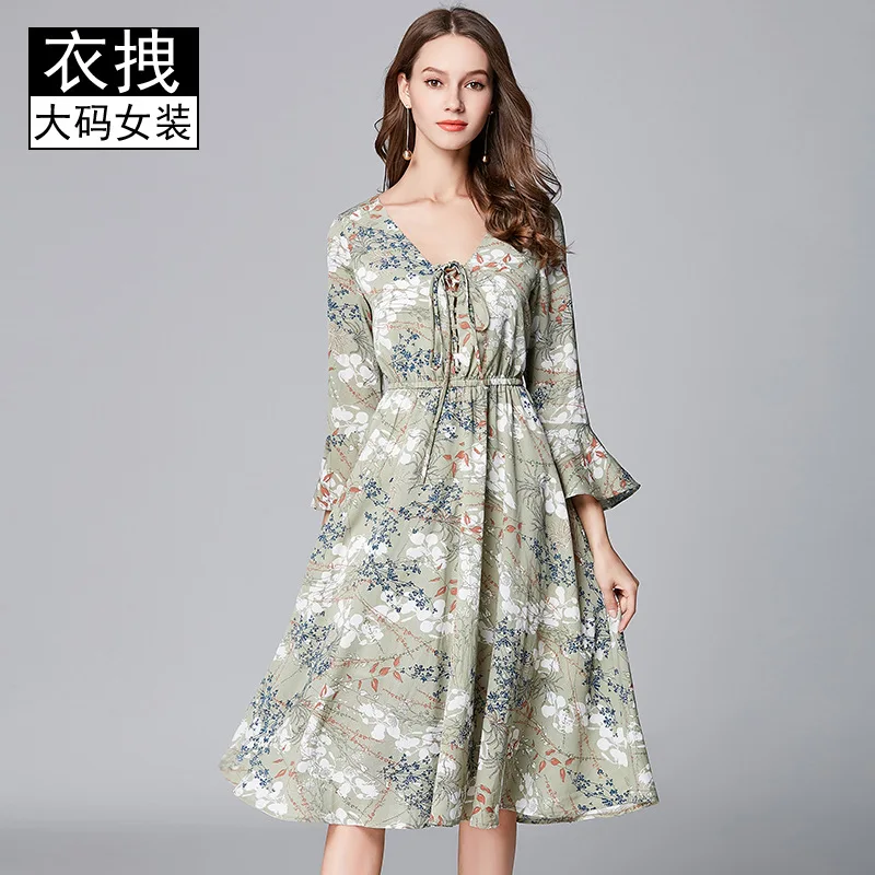 

[Limited Time Seckilling Rebate Does Not Change] 2019 Summer New Style Floral-Print Chiffon Bell Sleeve Chubby Girl Long Dress