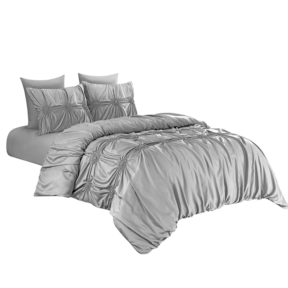 

Hot New 3 PCS Winter Soft Warm Quilt Cover Round Elastic Embroidery Bedding Set 1 quilt cover +2 pillow case Light Grey King Que