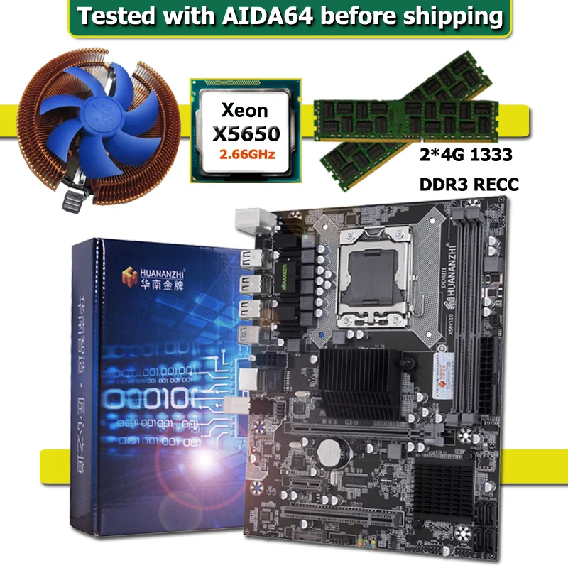 Материнская плата HUANANZHI X58 CPU LGA1366 с процессором Xeon X5650 и кулером ОЗУ 8 Гб (2*4G) REG ECC