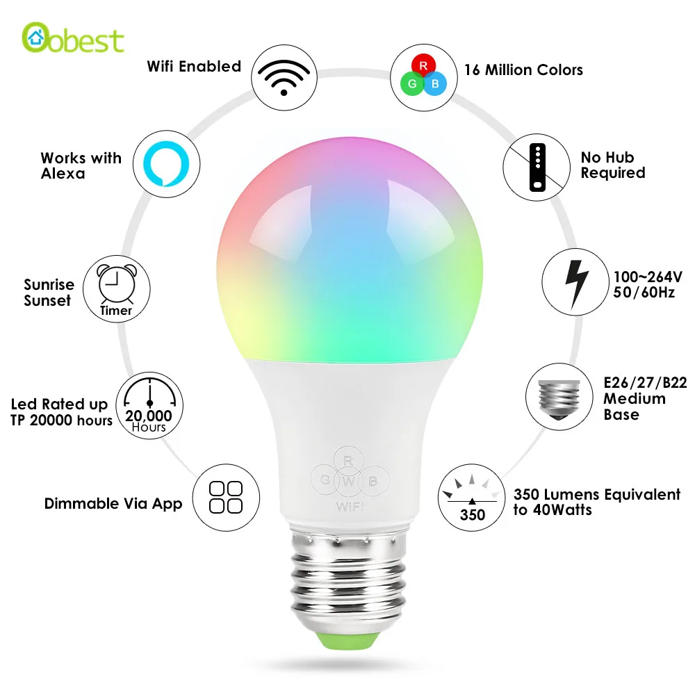 Новый E27 wifi-патрон, умный свет лампы, затемнения, многоцветный, пробуждение света, RGBWW светодиодный светильник, совместимый с Alexa и Google Assistant