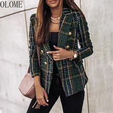 OLOME Long-sleeved Women Plaid Button Fashion Jacket Office Professional Work Autumn And Winter Plus Size Suit