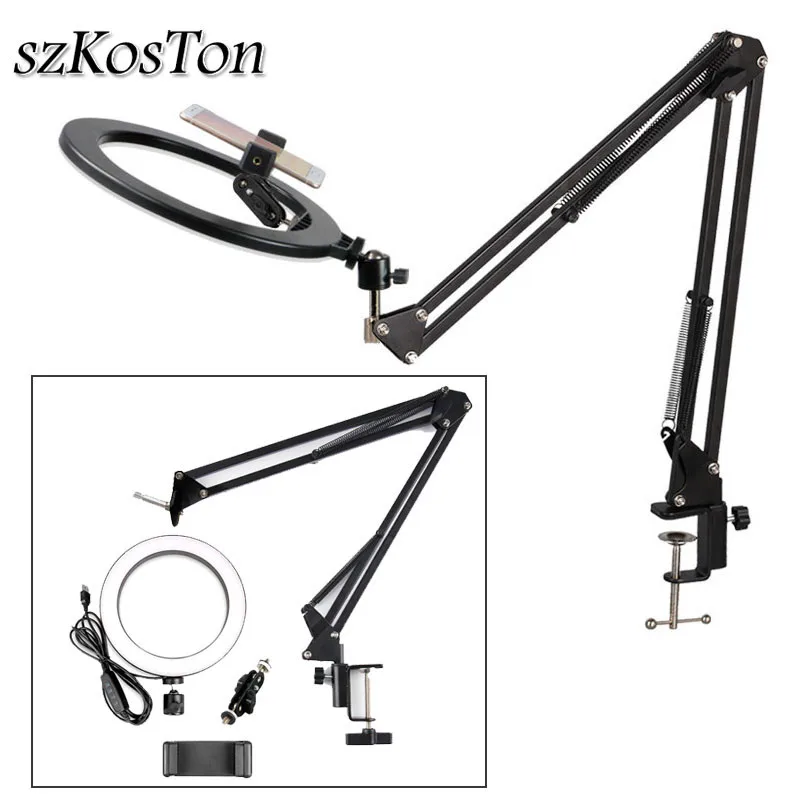 Dimmable 26cm Ring Light 3200-5500K Warm Cold Lamp With Long Arm Desktop Tablet Phone Holder Video Live Photography Selfie Light
