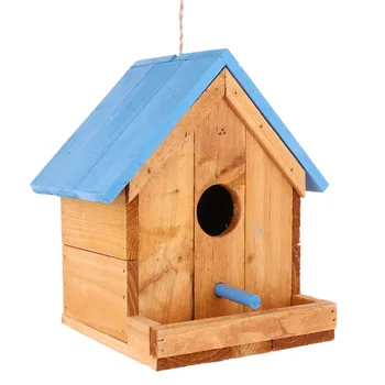 

Outdoor Wood Bird Feeder Hanging Bird Feeding Nest Small Bird House Hanging Pendant Food Cage Birds Supplies with Standing Bar