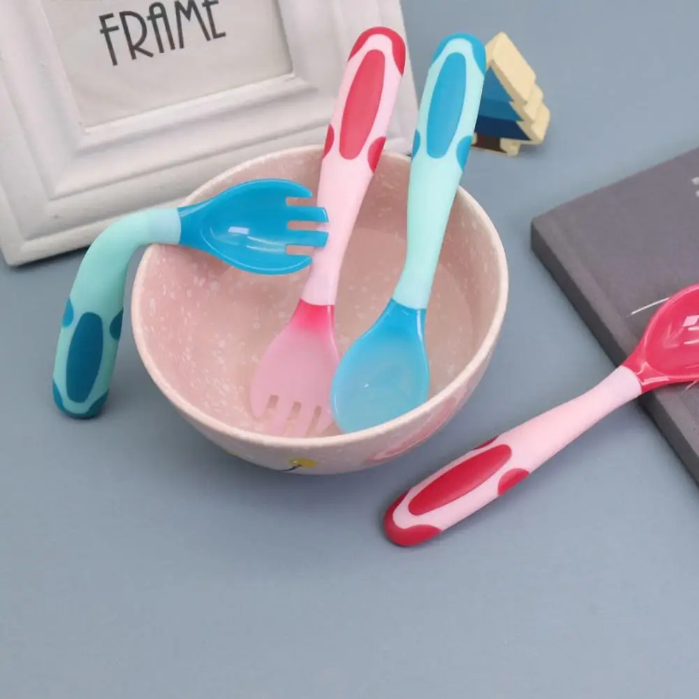 

Baby Kid Heat Sensing Color Change Bending Fork Spoon Feed Utensil Tableware Set