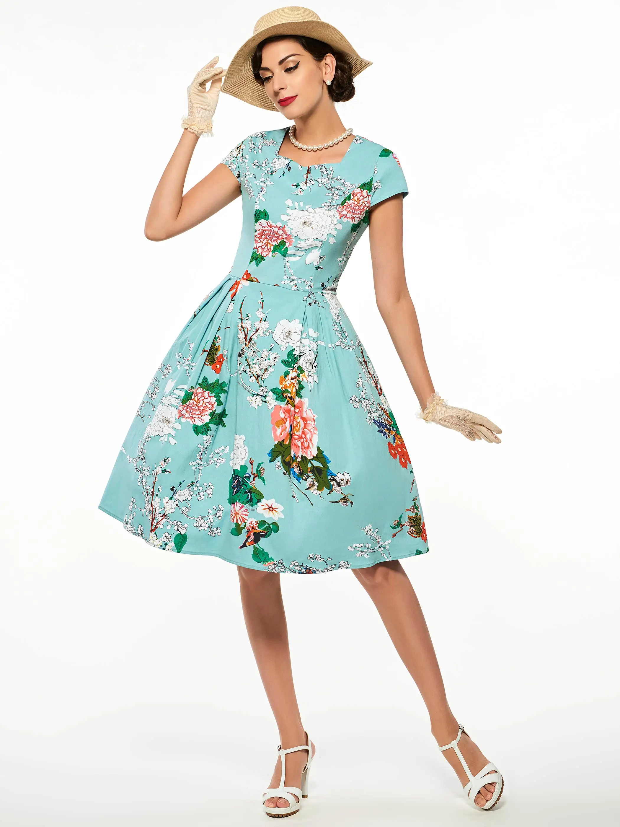 

2019 Women Summer Floral Dress Print Expansion Dresses Knee-Length Square Neck Pleated Dress Girls Mid-Waist Summer Dresses