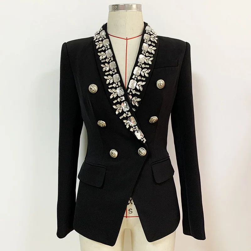 

New Arrival Spring autumn 2021 Fashion women's elegant beading black coat High quality double-breasted blazers jackets C680