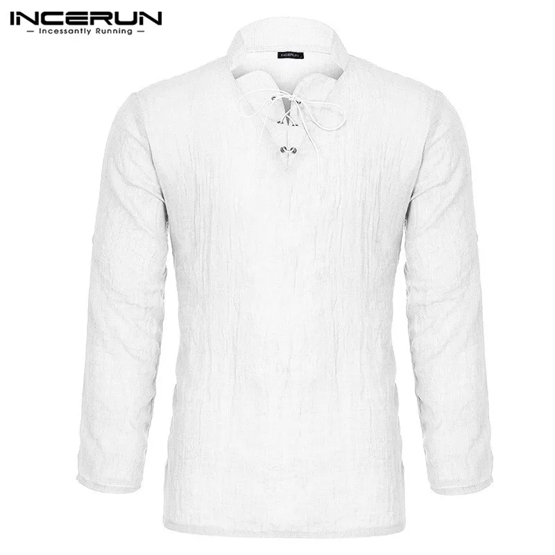 White INCERUN, мужская рубашка, одноцветная, длинный рукав, v-образный вырез, модная, высокое качество, уличная одежда, топы, средневековая, крестьянская, Ретро стиль, мужская рубашка - Цвет: White