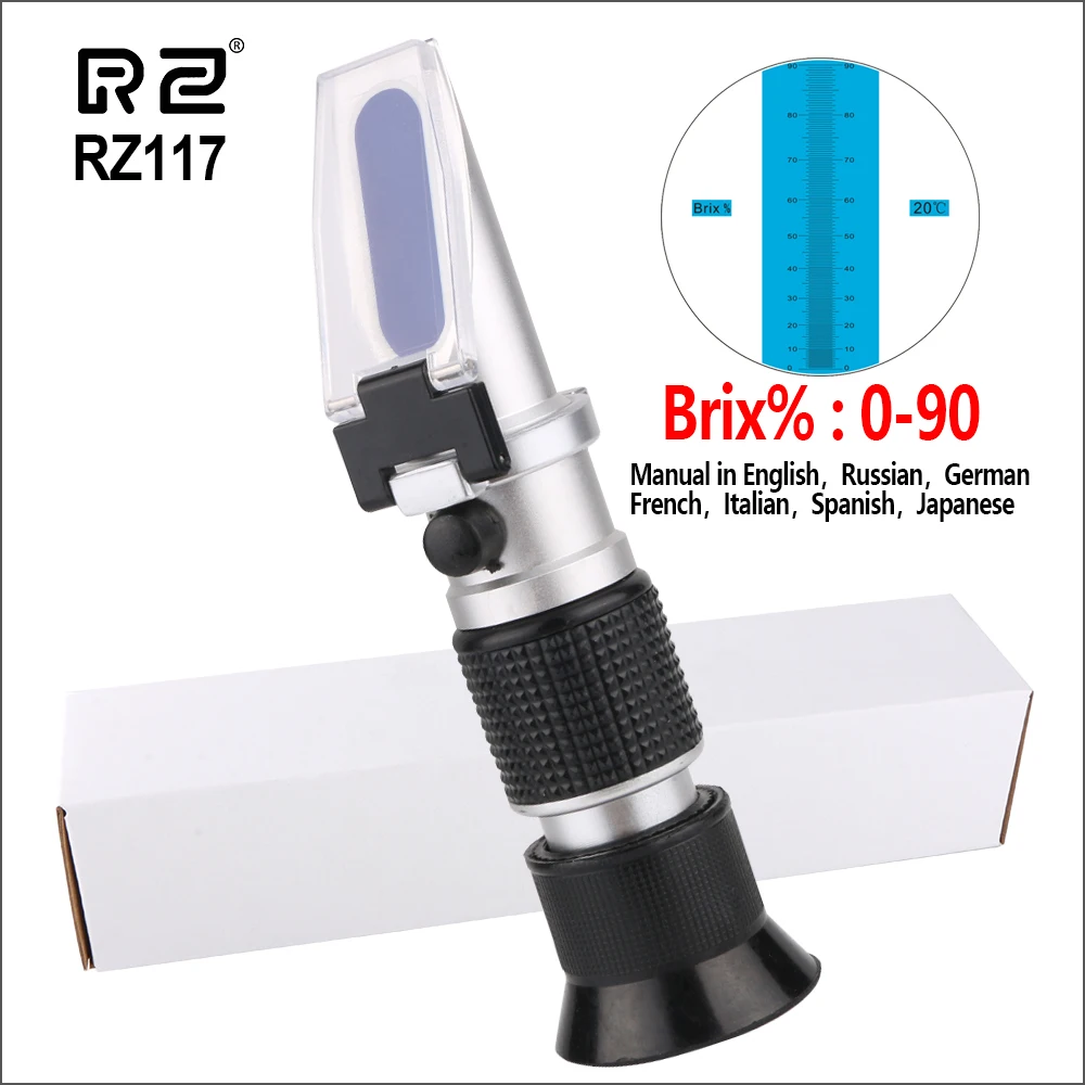 RZ117-whitebox RZ рефрактометр, с функцией определения содержания сахара метр 0-90% Brix RHB-90ATC ручной пивоваренный автоматический рефрактометр фруктовый соус метр сахар рефрактомер - Цвет: RZ117-whitebox