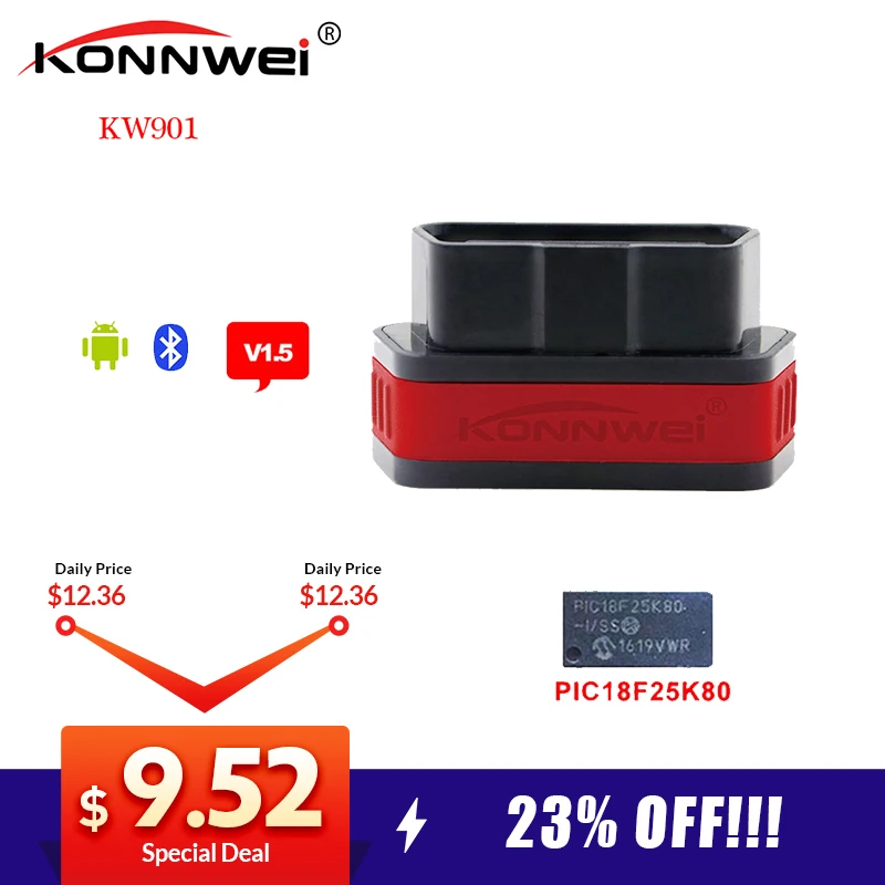 Konnwei KW901 elm 327 obd2 Bluetooth V1.5 Pic18f25k80 чип OBD2 bluetooth сканер для считывания штрих-кода диагностический инструмент крутящий момент для Android