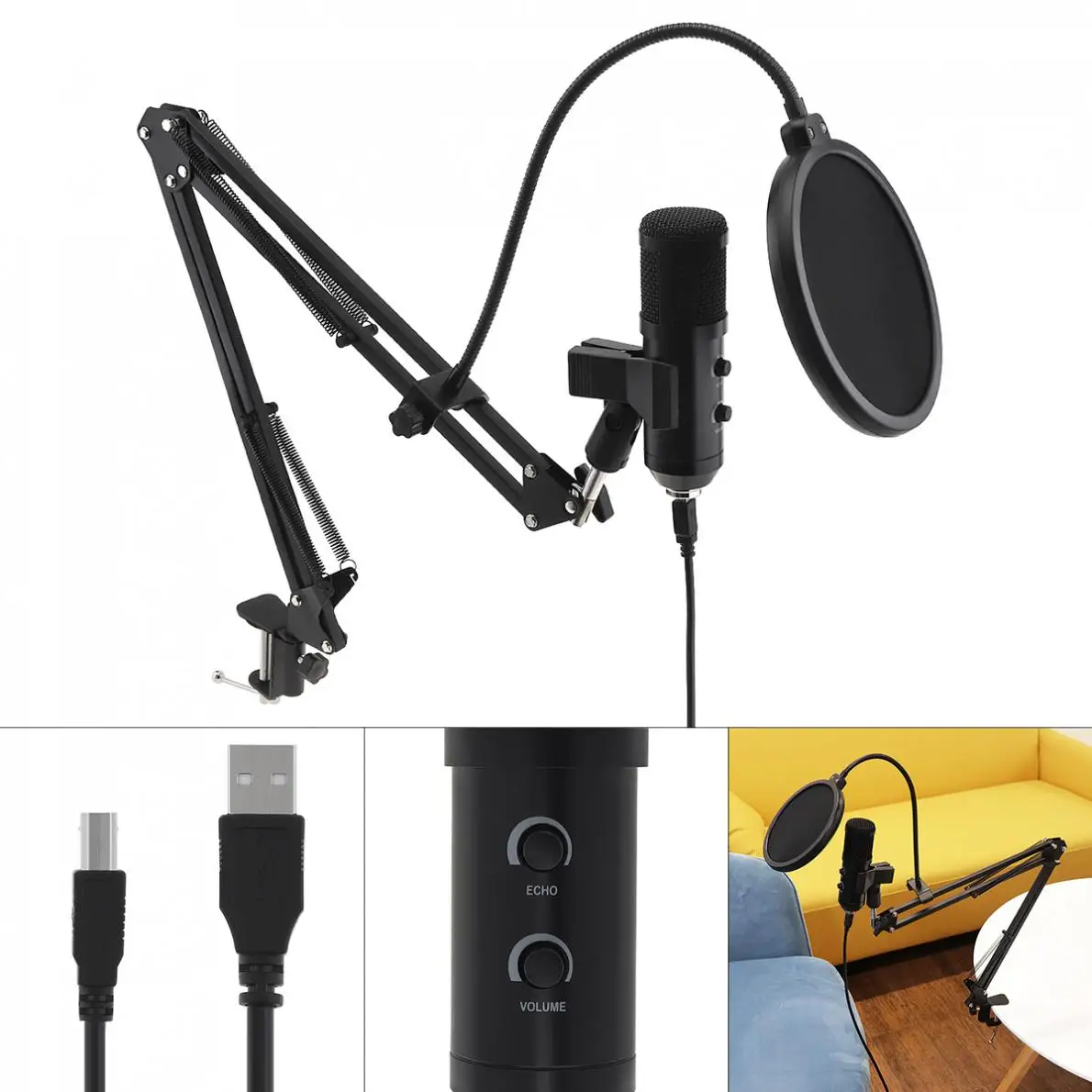 BM-900 USB Metal Recording Microphone with Sound Card Function Stand Condenser Studio Live Broadcasting | Электроника