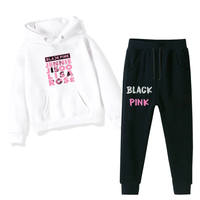 Kpop Blackpink принтами детская повседневная одежда с капюшоном для девочек, зимние толстовки с капюшоном для девочек+ штaны лeггинсы 2 шт./компл. для подростков, одежда для мальчиков, комплекты для малышей