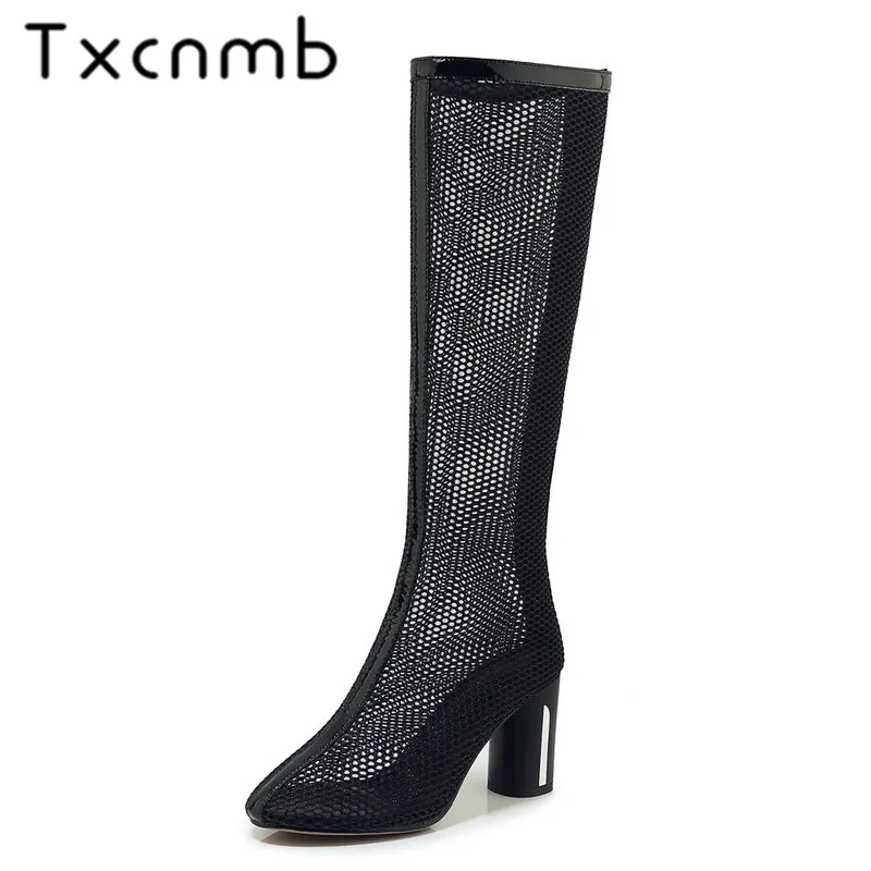

TXCNMB Fashion Round Toe Boots Women knee high Boots Genuine Leather Spring Summer New Zipper High Heels Night Club Shoes