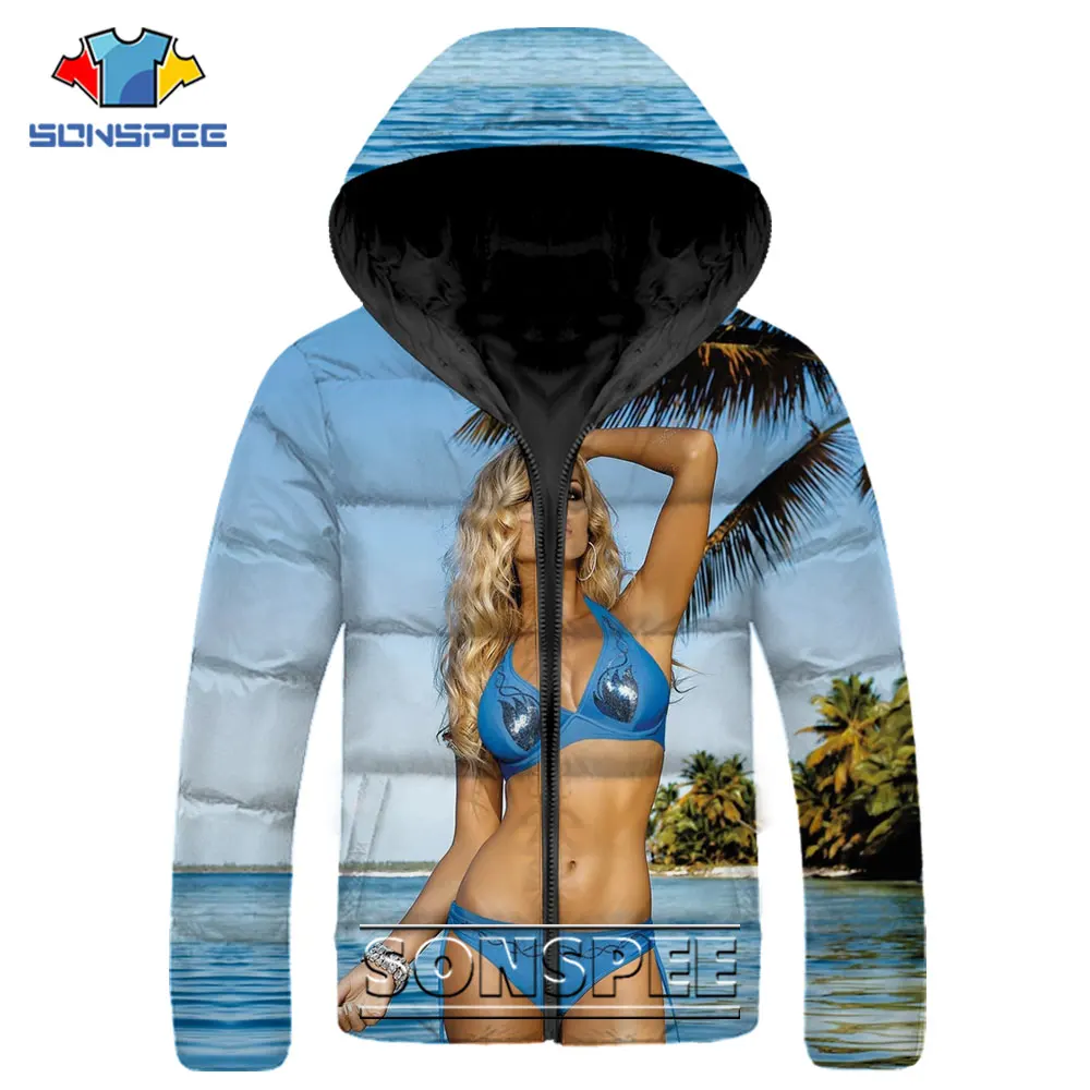 SONSPEE Casual Hip Hop Parkas 3D Print Sexy Cute Beach Bikini Girl Down Jacket Winter Fashion Keep Warm Streetwear Otaku Coat