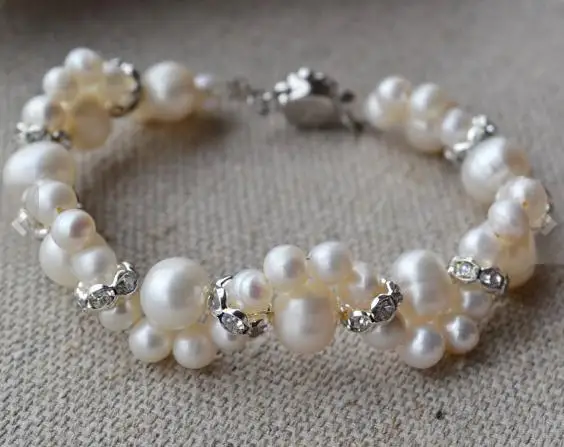 

New Favorite Pearl Bracelet White Color Real AA 3-9MM Freshwater Pearl Rhinestone Beads Handmade Bangle Charming Women Girl Gift