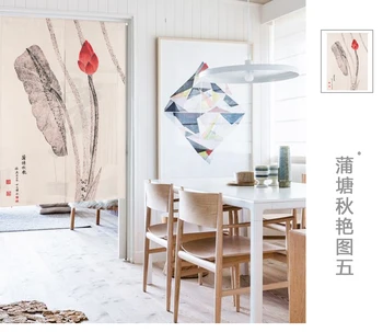 

New Chinese style classical lotus mountain wind window blind water Japanese curtain cotton and linen curtain porch decorations