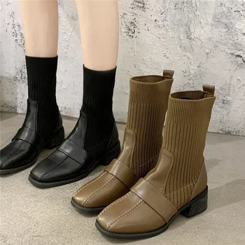 

COOTELILI Women Winter Warm Boots Shoes Mid Heel Square Toe Boots For Woman Fashion Zip Shoes Slip On Botas Mujer Size 35-40