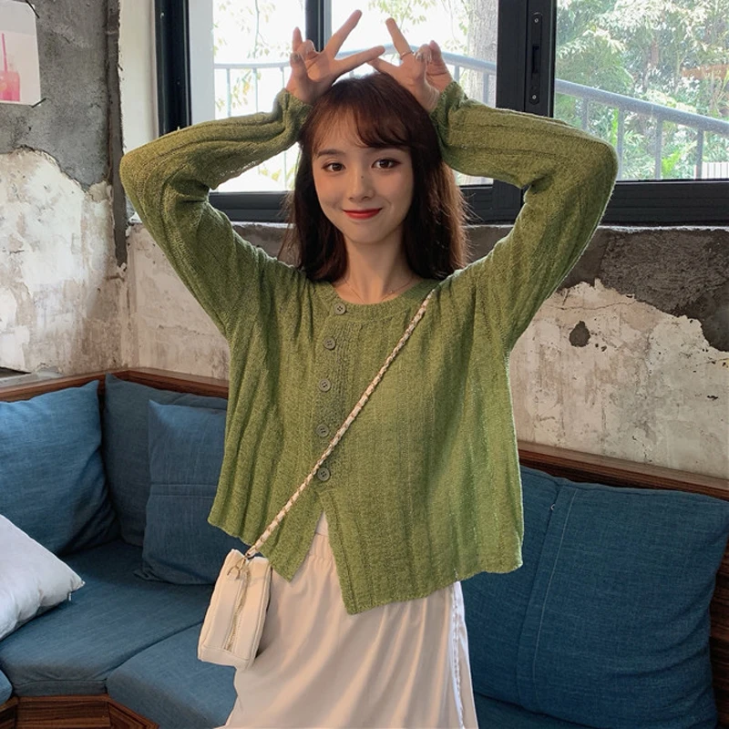 

3 Colors Mihoshop Ulzzang Korean Korea Women Fashion Clothing Round Neck Preppy Button Green Sweater