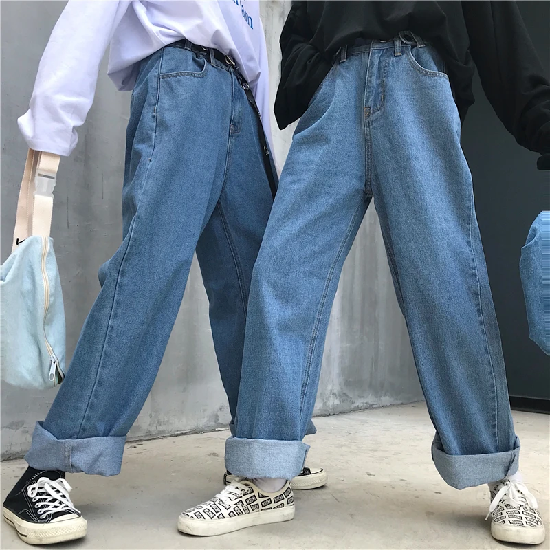 Уличная Корейская женская Свободная одежда, размер d размера плюс, регулируемая пуговица, высокая талия, прямые широкие брюки, джинсы, брюки