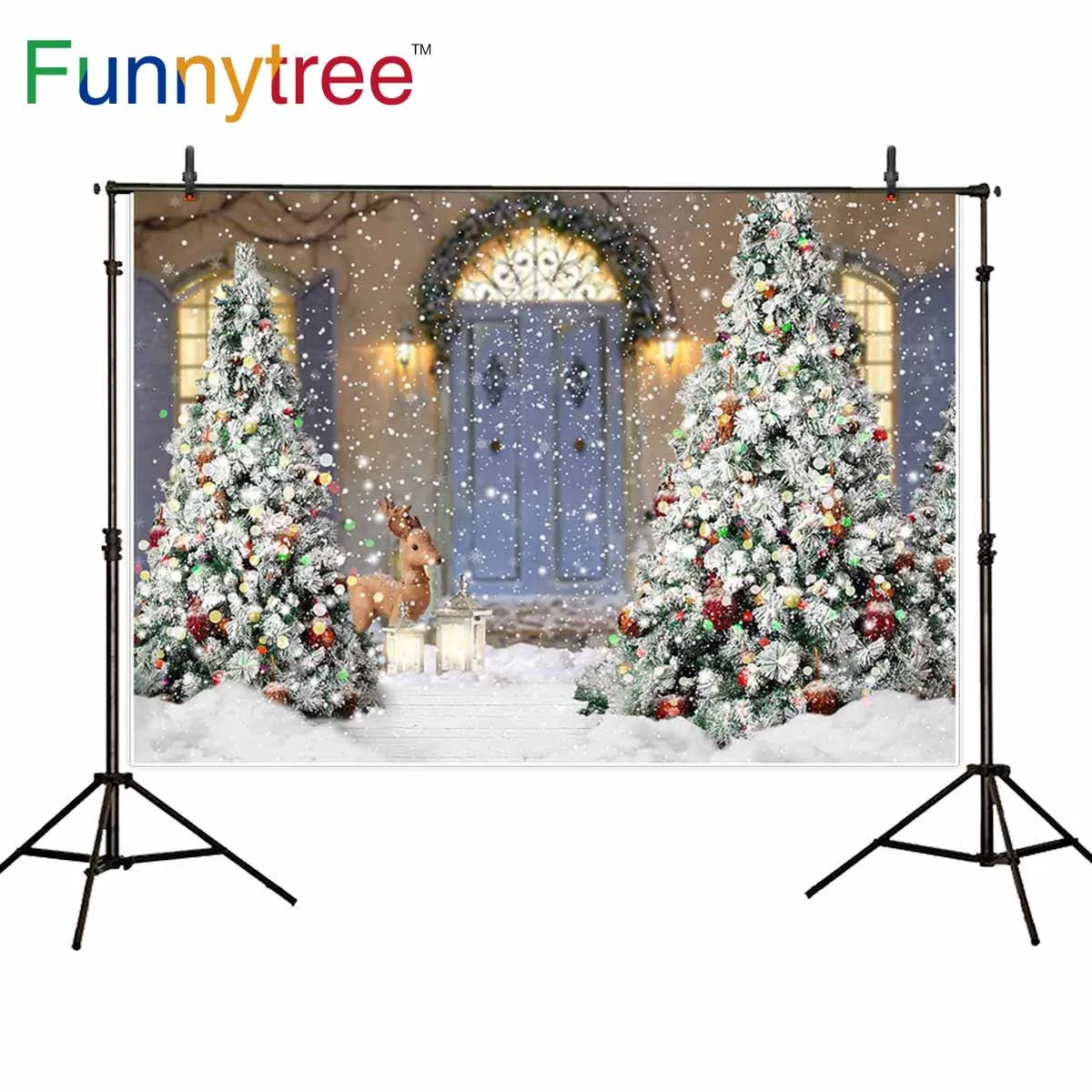 Funnytree photographic background winter Christmas reindeer light snow door Real studio photo backdrops photophone photocall