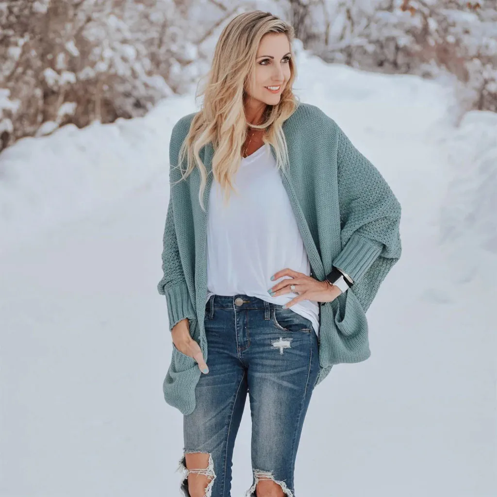 Страусиная осенняя и зимняя женская теплая летучая мышь рукава большого размера длинный вязаный кардиган свитер зеленый открытый удобный свитер хит