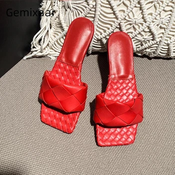 

Sexy Summer 2020 Genuine Leather Runway Mules Square Open Toe Flat Outwear Shoes Chic Big Plaited Slim Slippers Women