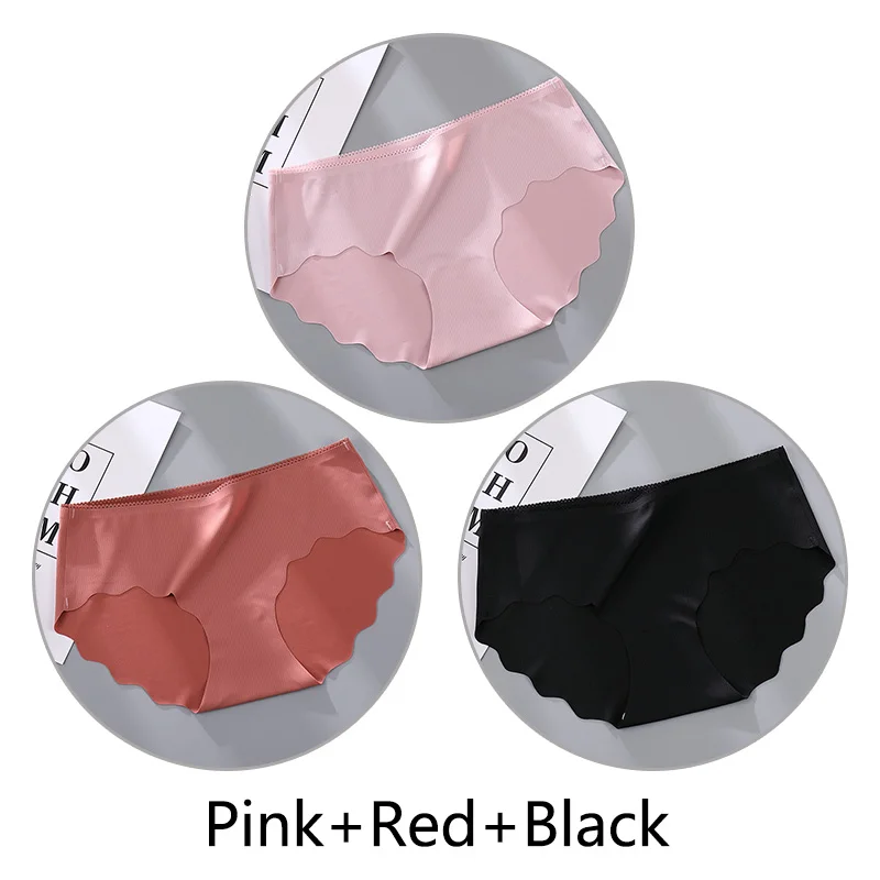 Pink Red Black 3 шт сплошной цвет мягкие трусики бесшовные женские сексуальные оборки женские дышащие трусы натуральный шелк антибактериальные промежность нижнее белье на Клее - Цвет: Pink Red Black