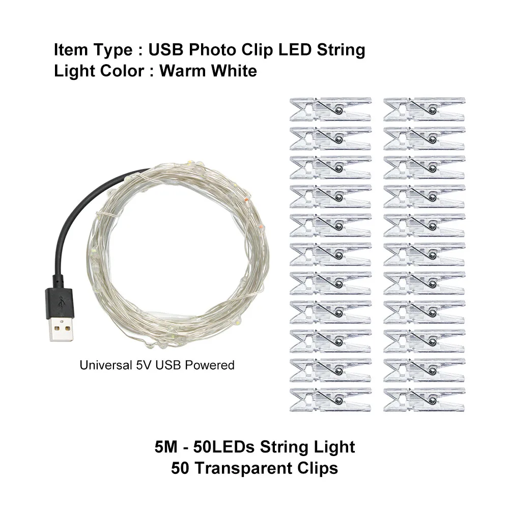 1 м 2 м 5 м 10 м фото клип светодиодный гирлянда Рождественские фонари USB/батарея для гирлянды для вечеринки свадьбы Рождества Рождественские украшения - Испускаемый цвет: 50leds 50clips